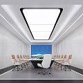 Modern Conference Room Interior Design With Long Table Chairs Large Screen White Walls And Lighting