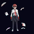 Red Haired Woman In White Shirt Red Tie Black Outfit Red Gloves With Scattered Papers