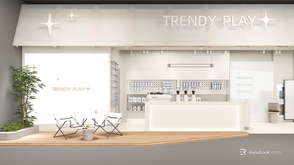 Trendy Play Store Interior With Minimalist Design Counter Shelves And Chairs 3d model 