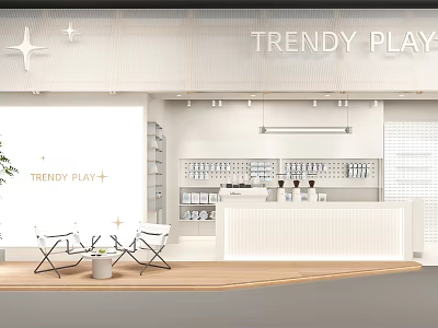 Trendy Play Store Interior With Minimalist Design Counter Shelves And Chairs 3d model