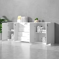 White Console Cabinet with Doors and Drawers Topped with Books Decor Plant Against Gray Wall