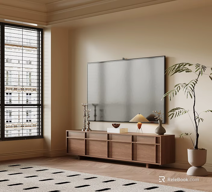 Wooden TV Stand with Decorative Items and Flat Screen TV Near Window and Potted Plant 3d model 