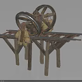 Ancient Wooden Mechanical Structure With Large Wheels Track Frame And Support Legs 3d model