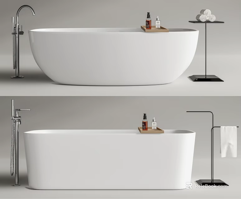 Sleek Modern Freestanding White Bathtub With Metal Faucet Wooden Tray Bath Products And Towel Stand 3d model 