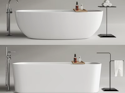 Sleek Modern Freestanding White Bathtub With Metal Faucet Wooden Tray Bath Products And Towel Stand 3d model