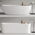 Sleek Modern Freestanding White Bathtub With Metal Faucet Wooden Tray Bath Products And Towel Stand
