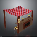 Red And White Checkered Canopy Food Stall With Wooden Barrels And Signage