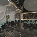 Modern Restaurant Interior Design With Circular Wall Decor Green Plants And Display Cabinets 3d model