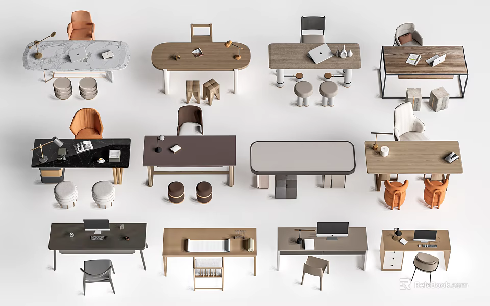 Modern Desks in Various Styles Featuring Chairs Stools and Table Items 3d model 