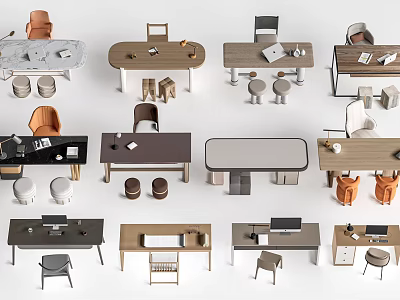 Modern Desks in Various Styles Featuring Chairs Stools and Table Items 3d model