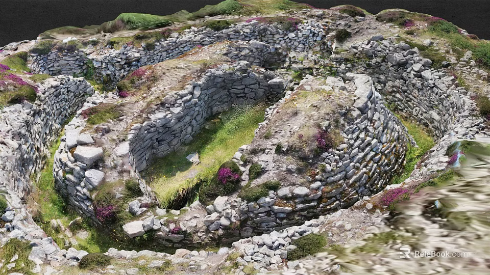 Ancient Stone Ruins With Circular Walls Green Grass And Purple Flowers 3d model 