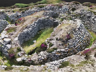 Ancient Stone Ruins With Circular Walls Green Grass And Purple Flowers 3d model
