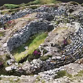 Ancient Stone Ruins With Circular Walls Green Grass And Purple Flowers