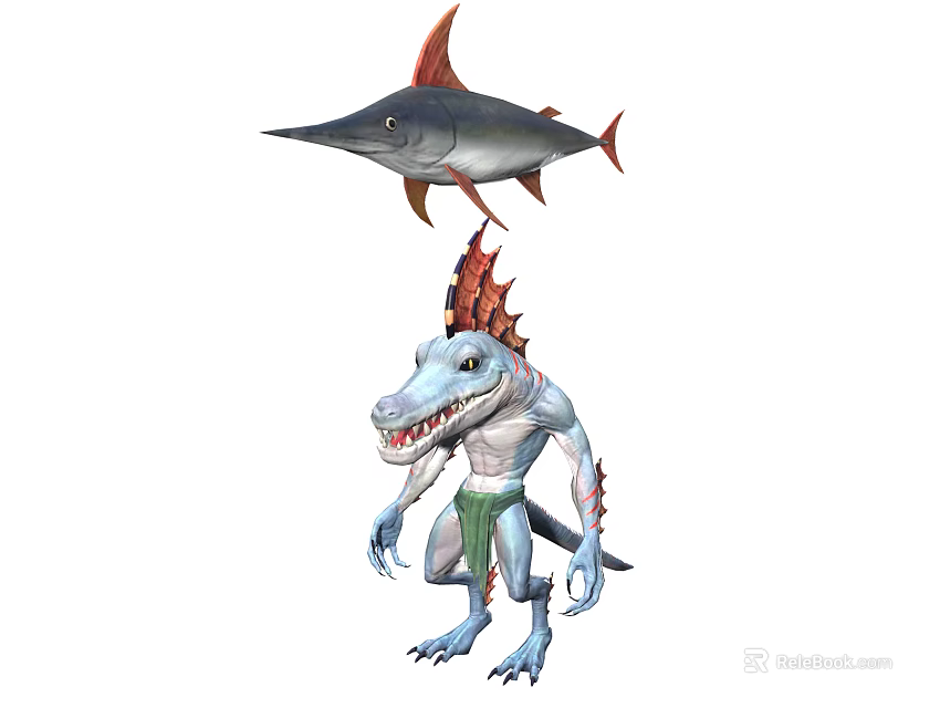 Blue Skinned Lizard Humanoid Character With Sharp Teeth And Red Finned Long Snout Fish Above 3d model