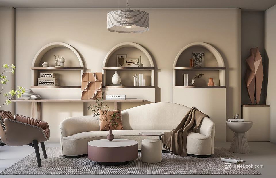 Curved Beige Sofa with Round Coffee Table Set Arched Shelves Decorative Items and Pendant Light 3d model 