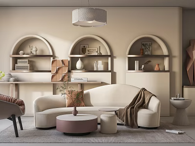 Curved Beige Sofa with Round Coffee Table Set Arched Shelves Decorative Items and Pendant Light 3d model