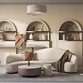 Curved Beige Sofa with Round Coffee Table Set Arched Shelves Decorative Items and Pendant Light