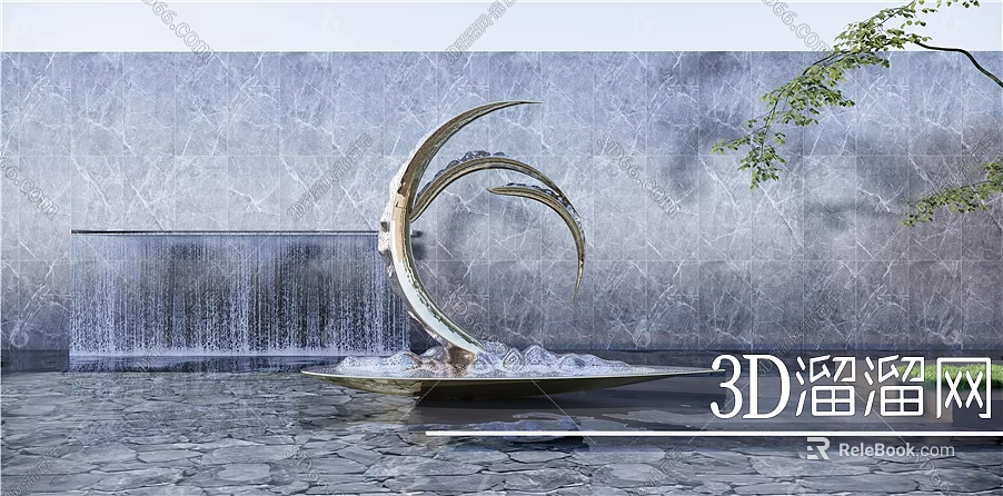 Modern Metal Crescent Sculpture In Water Pool With Gray Marble Wall And Green Plants 3d model 