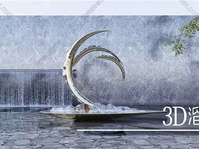Modern Metal Crescent Sculpture In Water Pool With Gray Marble Wall And Green Plants 3d model