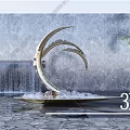 Modern Metal Crescent Sculpture In Water Pool With Gray Marble Wall And Green Plants
