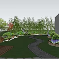 Courtyard Garden Design With Curved Stone Path Green Lawn Bamboo And Flowering Bushes