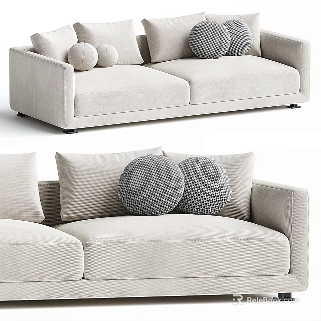 Light Beige Two Seater Fabric Sofa Featuring Modern Round Checkered Pillows 3d model 