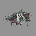 Tattered Red And Gray Fabric Tent With Metal Poles And Fringe Details