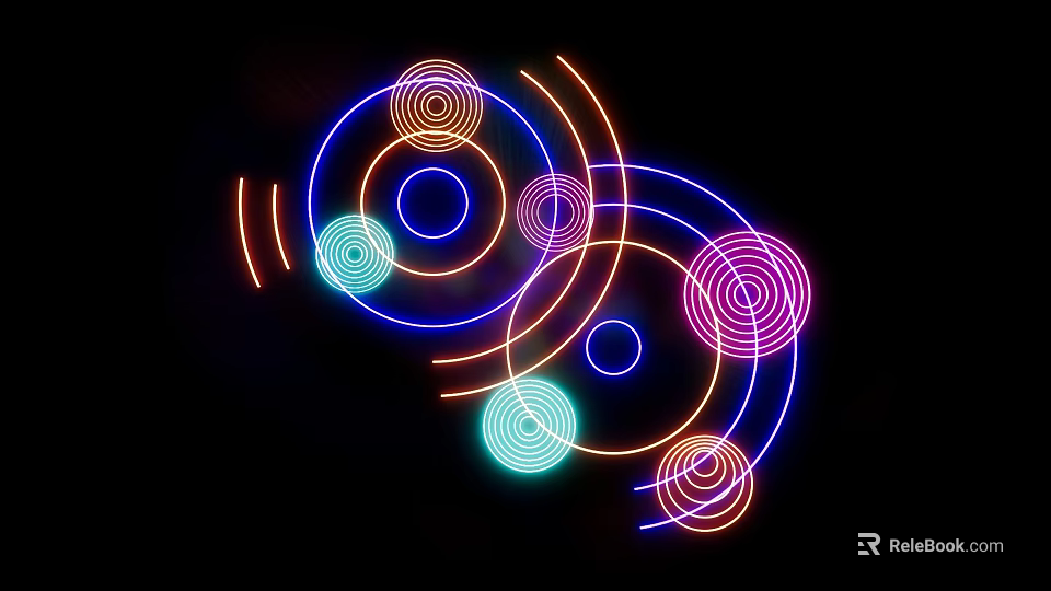 Vibrant Colorful Neon Decorative Lights With Circular Rings On Black Background 3d model 