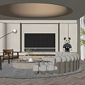 Elegant Modern Living Room Interior With Round Sofa Arched Windows Green Plants And Herringbone Flooring
