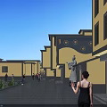 Traditional Style Commercial Street Featuring Yellow Gray Buildings Spacious Pedestrian Walkway Pedestrians Green Plants Storefronts