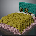 Stylish Bed Furniture With Green Tufted Headboard Yellow Comforter Pink Ruffled Skirt And Checkered Pillows