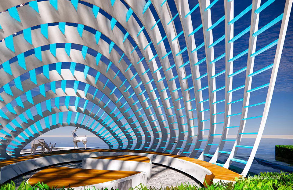 Modern Pergola With Blue And White Striped Curved Structure Wooden Platform And Greenery 3d model 