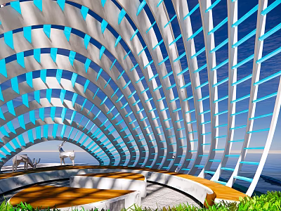 Modern Pergola With Blue And White Striped Curved Structure Wooden Platform And Greenery 3d model