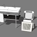 Modern White Washbasin With Double Faucets Wooden Shelf And Hanging Towel