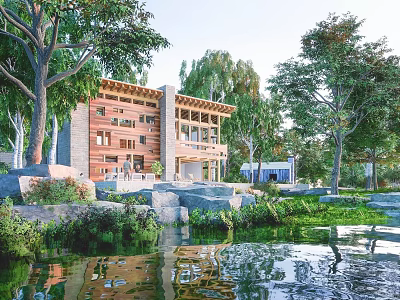 Single Family Villa with Modern Architecture Amidst Lush Green Trees and Water Reflection 3d model