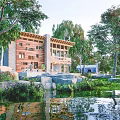Single Family Villa with Modern Architecture Amidst Lush Green Trees and Water Reflection
