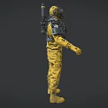 Game Movie Character In Yellow Protective Suit With Gas Mask And Harness Equipment
