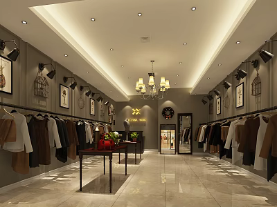 Elegant Clothing Store Interior With Hanging Clothes Chandeliers And Decorative Paintings 3d model