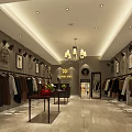 Elegant Clothing Store Interior With Hanging Clothes Chandeliers And Decorative Paintings