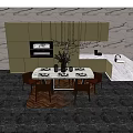 Modern Dining Table Combination With Chairs Hanging Lamp And White Stone Countertop 3d model