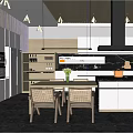 Modern Kitchen Interior Design With Wooden Ceiling White Cabinets Black Island And Dining Table Chairs