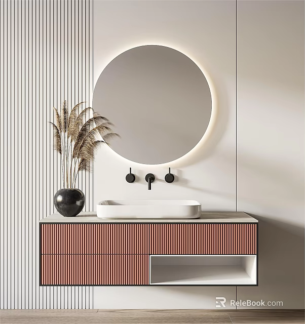 Modern Bathroom Vanity with Round Illuminated Mirror White Basin Red Ribbed Cabinet and Black Vase 3d model 
