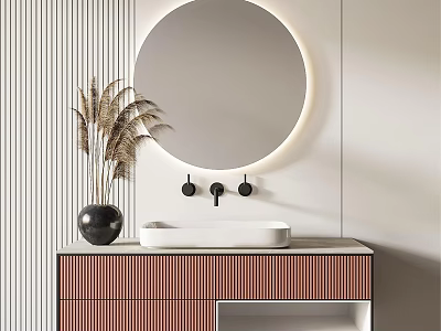 Modern Bathroom Vanity with Round Illuminated Mirror White Basin Red Ribbed Cabinet and Black Vase 3d model