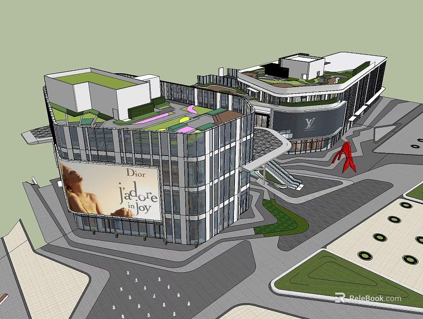 Modern Commercial Street With Green Roof Glass Curtain Wall And Dior Billboard Design 3d model 