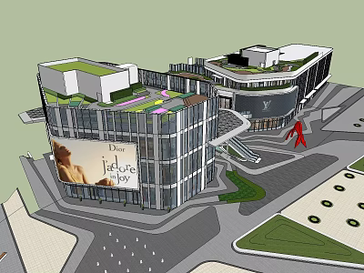 Modern Commercial Street With Green Roof Glass Curtain Wall And Dior Billboard Design 3d model