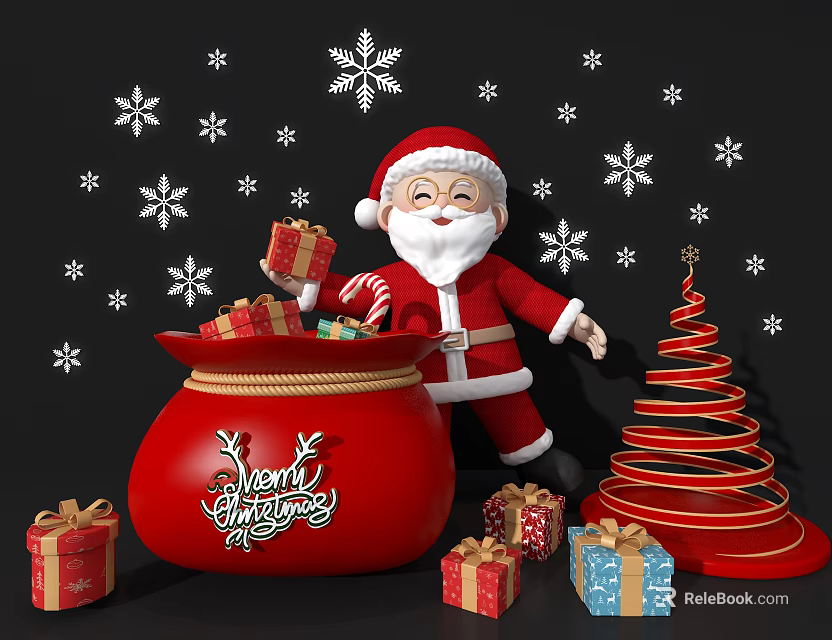 Christmas Window Display Decoration With Santa Claus Gift Bag Gifts Christmas Tree And Snowflakes 3d model 