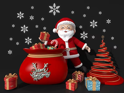 Christmas Window Display Decoration With Santa Claus Gift Bag Gifts Christmas Tree And Snowflakes 3d model
