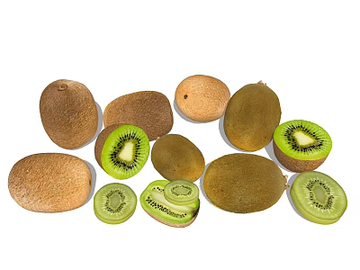 Fresh Whole And Sliced Kiwi Fruit With Green Flesh And Black Seeds 3d model
