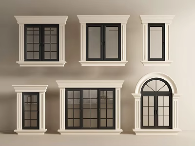 Modern Casement Windows with Various Designs White Frames and Black Sashes 3d model