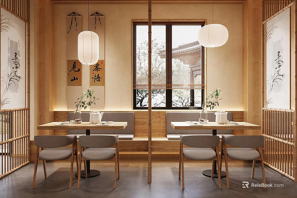 Chinese Style Restaurant Interior With Wooden Decor Lanterns Long Tables And Green Plants 3d model 